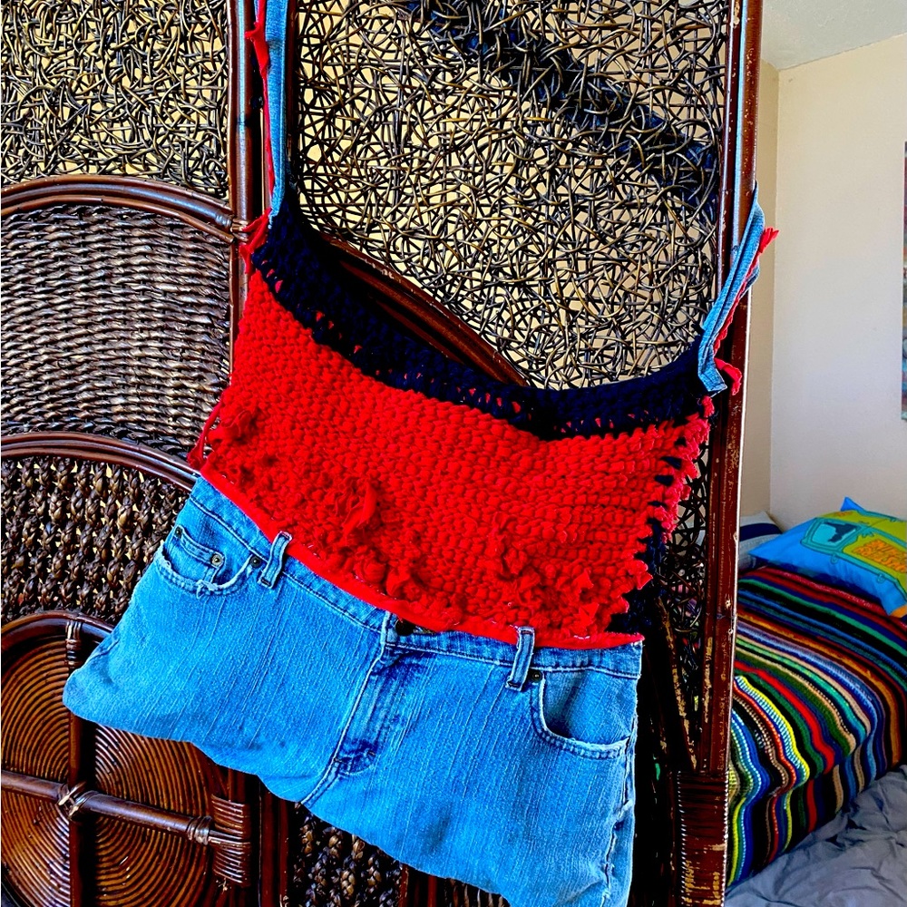 Handmade Recycled Reversible Red/Black Bluejean TOTE